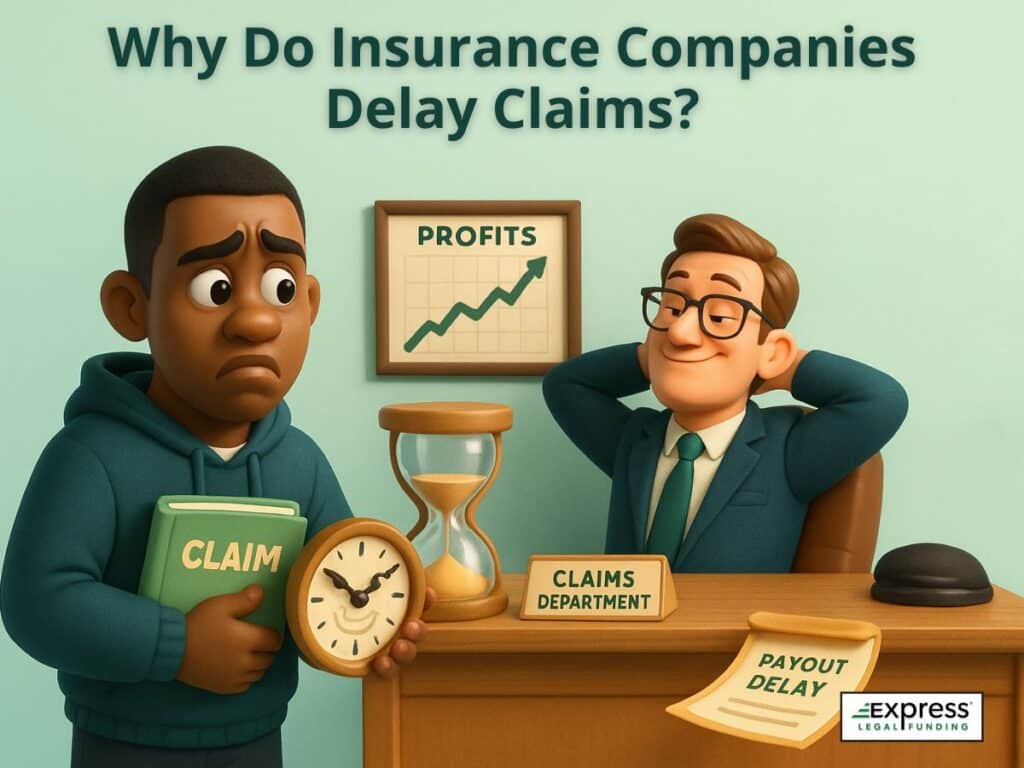 Insurance agent relaxes while claimant anxiously holds a clock and file labeled 'claim' with payout delay note on desk.