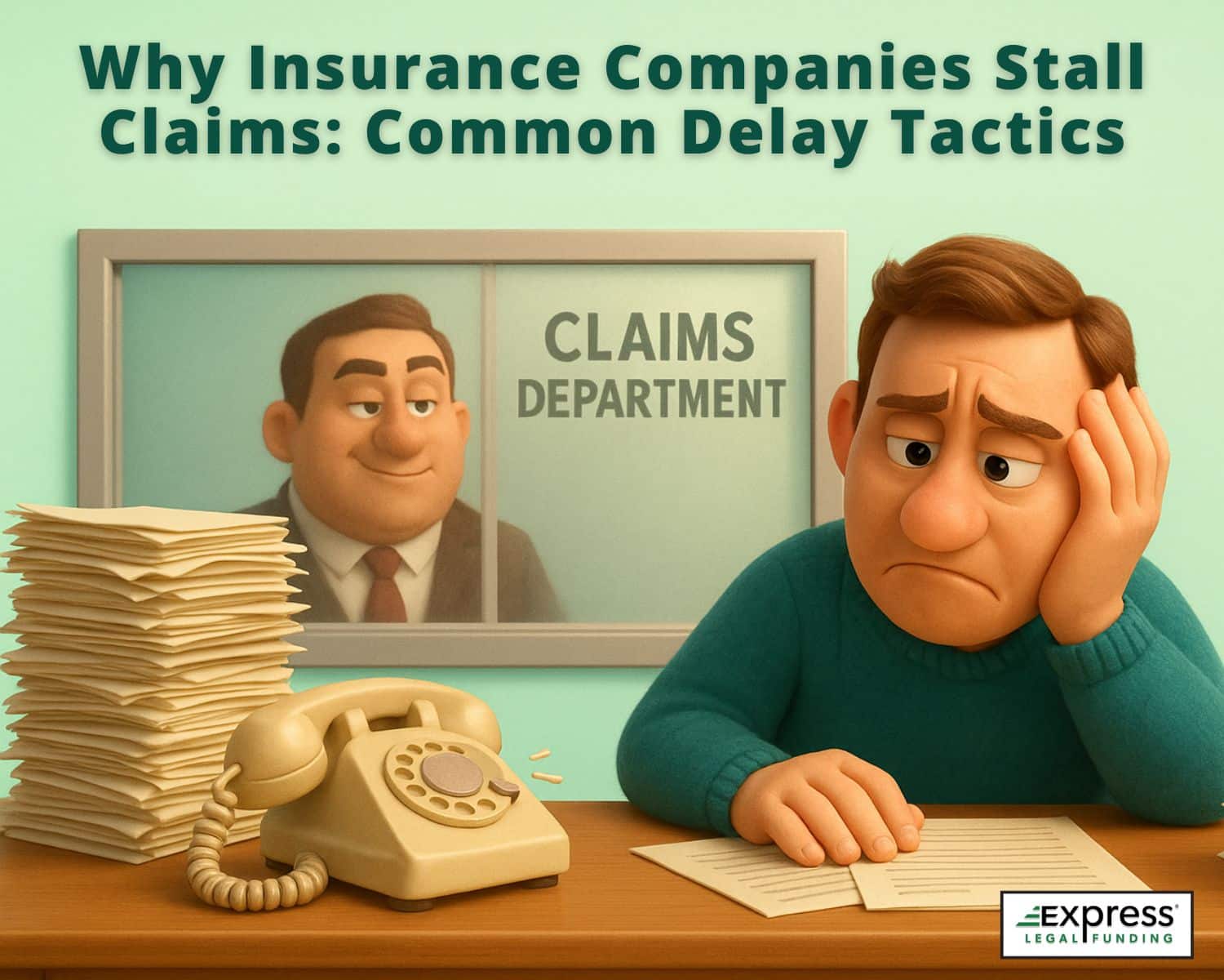 Frustrated man waiting on insurance claim with stacks of paperwork while claims agent stalls behind glass window using insurance delay tactics.