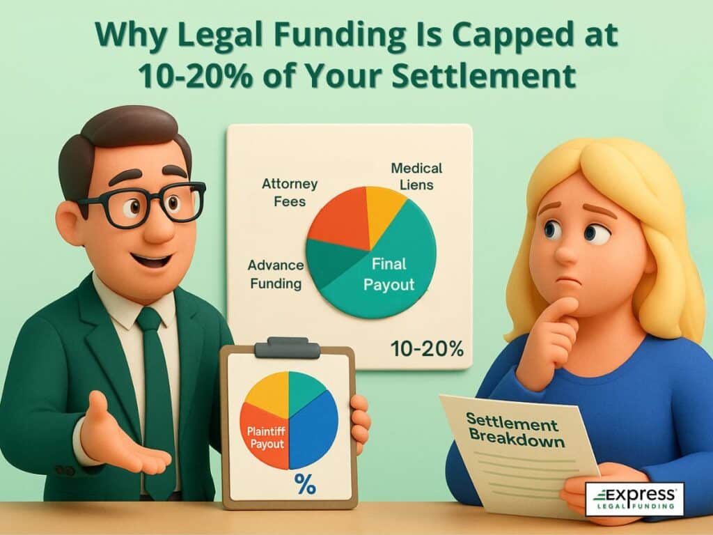 Advisor explains why legal funding is capped at 10–20% of settlement with pie charts showing deductions and plaintiff payout.