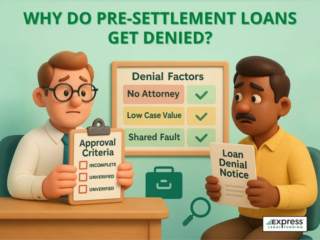 3D illustration explaining common reasons pre-settlement loans get denied, including incomplete case documentation and eligibility concerns.