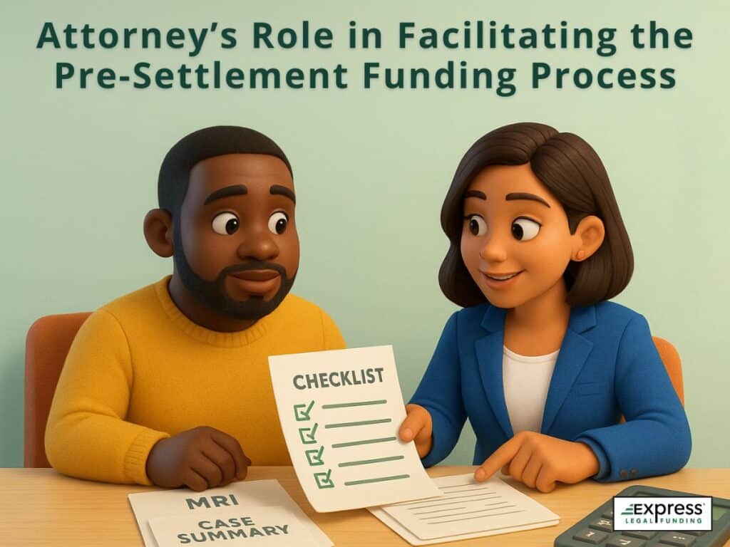 Lawyer and client reviewing spinal injury case documents and checklist for pre-settlement funding approval.