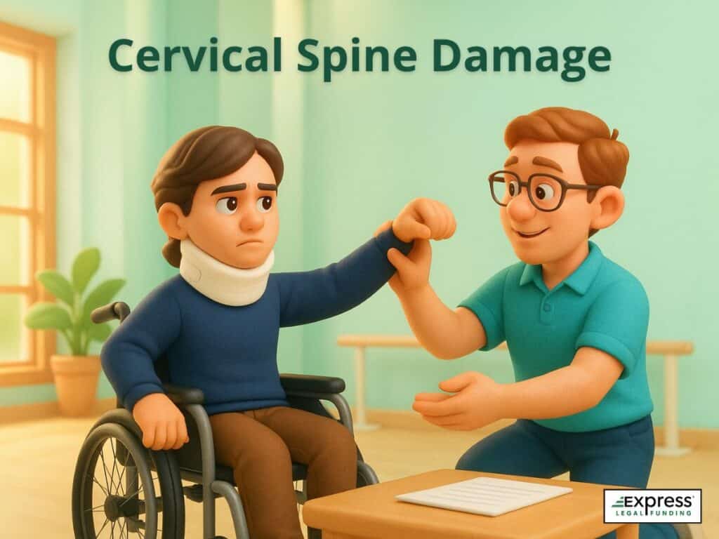 Patient in wheelchair with neck brace undergoing arm movement test from medical provider for cervical spine damage.
