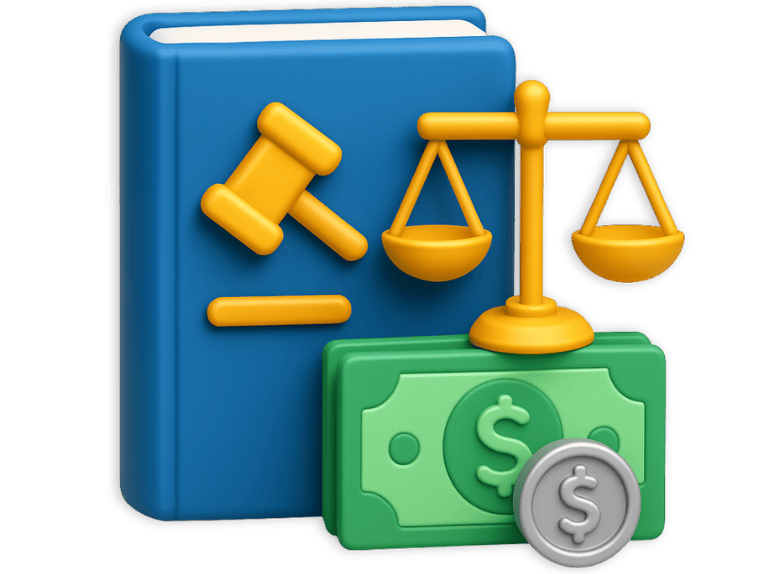 3D icon showing a blue legal book with a gavel, golden justice scales, and cash symbols, representing the need for a lawyer to get legal funding