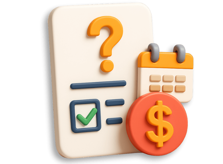 3D icon of a financial document with a calendar and dollar sign, symbolizing questions about monthly payments for pre-settlement funding.