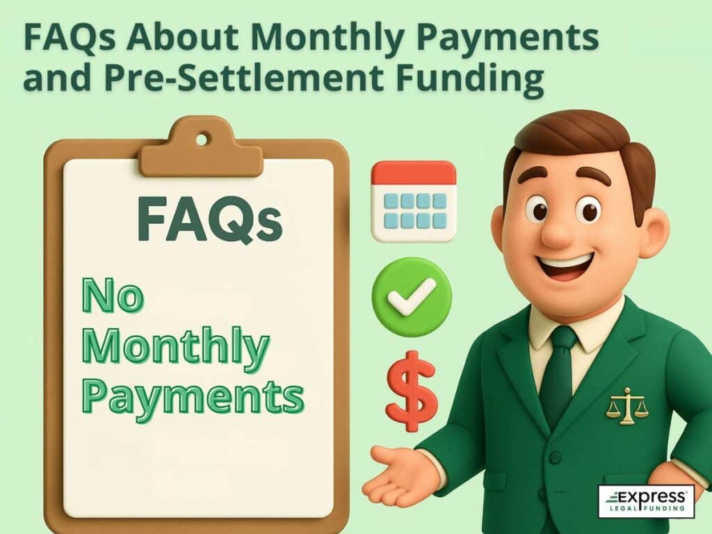 3D graphic showing āNo Monthly Paymentsā on a clipboard with legal icons and a smiling man in a green suit, branded with Express Legal Funding.