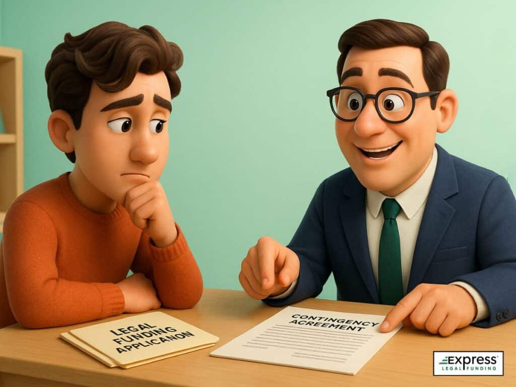Lawyer explaining a contingency agreement to a concerned client holding a legal funding application.