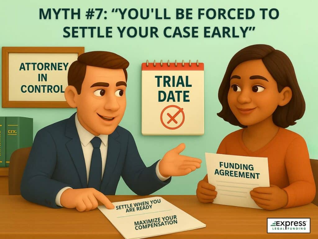 Illustration debunking the legal funding myth that plaintiffs are forced to settle early; attorney explains that clients remain in control of settlement timing.