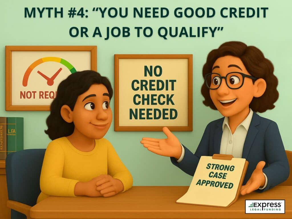 Scene showing a plaintiff learning that legal funding approval doesn't require credit checks or employment.