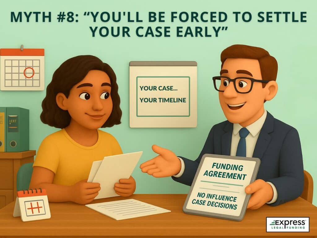 Illustration debunking the myth that legal funding forces early case settlements; attorney remains in control.