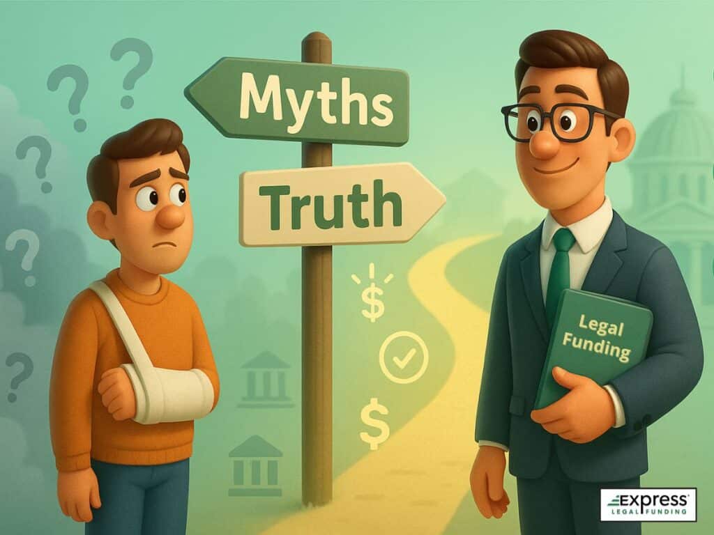 An injured plaintiff choosing between legal funding myths and truth, guided by a legal advisor.