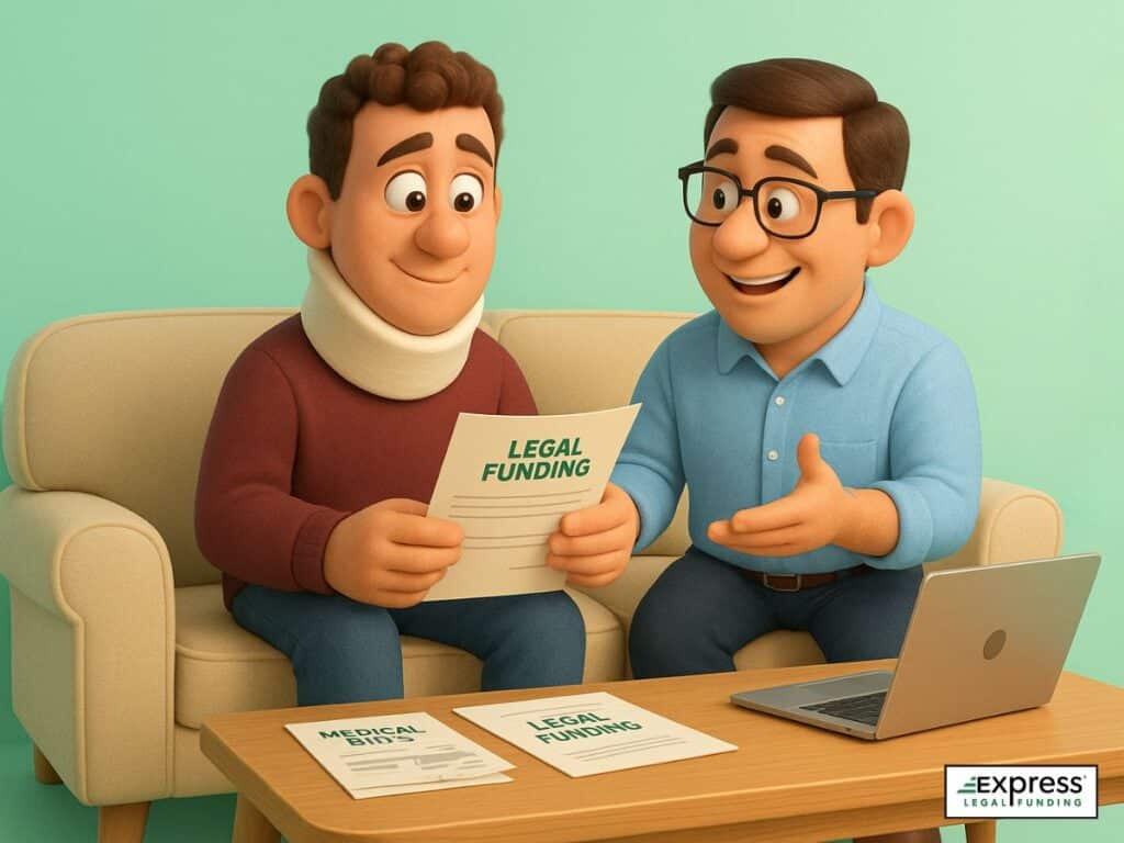 Injured man with neck brace reviews legal funding papers with professional to cover spinal injury medical costs.