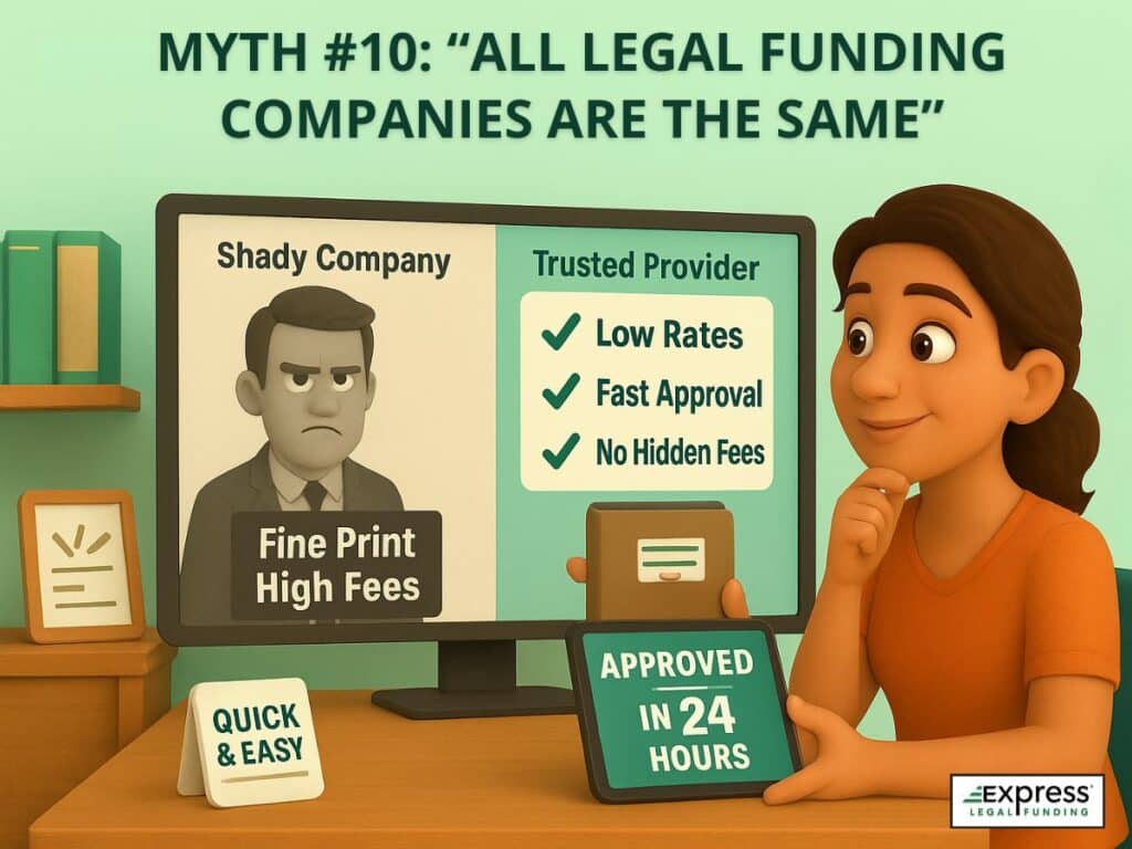 Debunking myth that all legal funding companies are the same by comparing a trusted legal funding provider with low rates to a shady company with high fees and fine print.