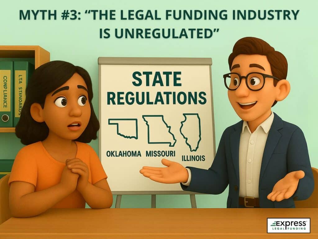 Illustration of a legal funding advisor explaining to a plaintiff that the industry is regulated in states like Oklahoma, Missouri, and Illinois.