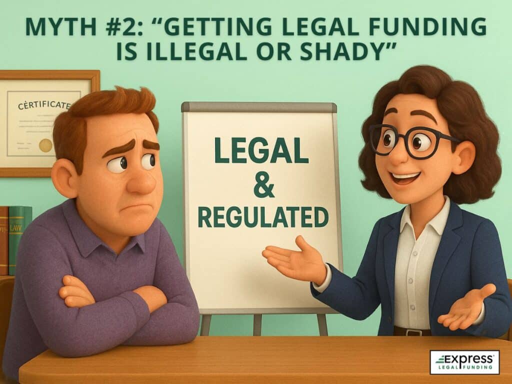 3D scene correcting the myth that legal funding is illegal—clearly shown as legal and regulated.