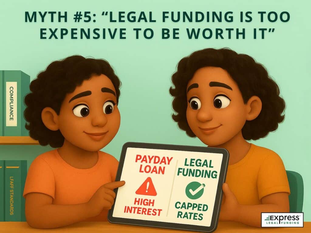 Comparison showing legal funding with capped rates versus payday loans with high interest, debunking myth that legal funding is expensive.