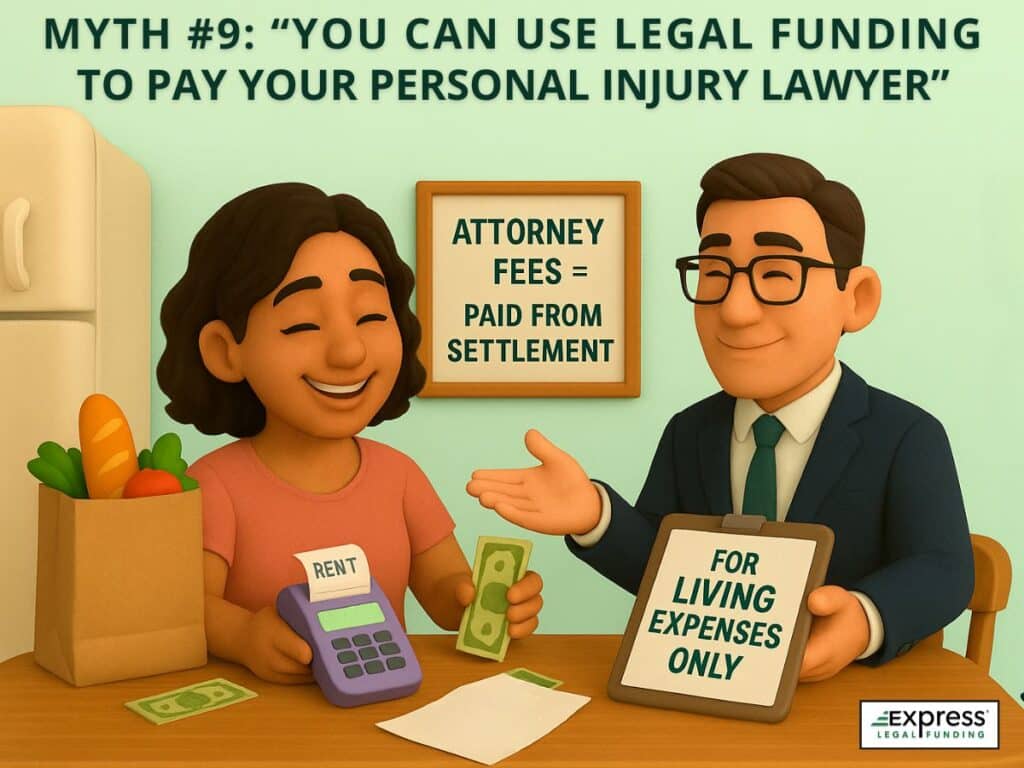 Scene showing that legal funding is for living expenses, not attorney fees, which are paid from the settlement.