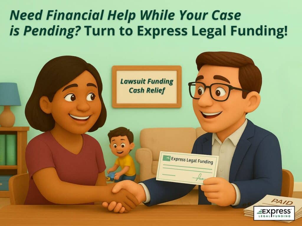 A plaintiff receiving a lawsuit funding check from Express Legal Funding to cover bills during their case.