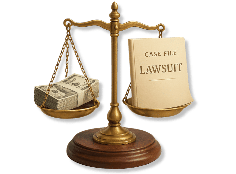 3D scale of justice with cash and lawsuit file symbolizing non-recourse legal funding.