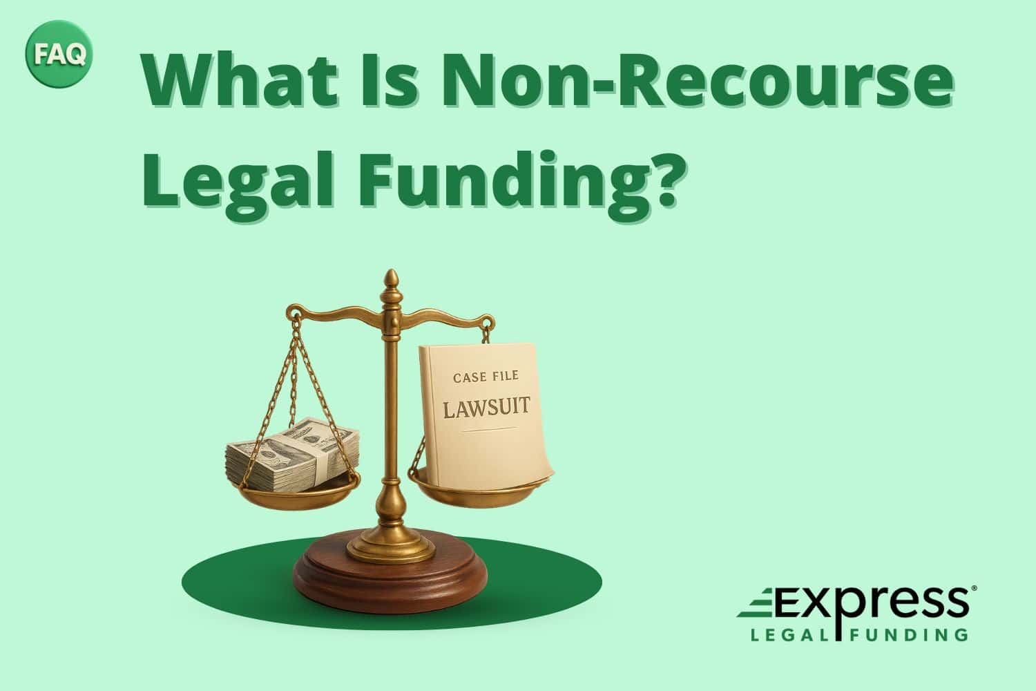 FAQ graphic explaining what non-recourse legal funding is, featuring a balance scale with lawsuit file and cash stack, by Express Legal Funding.