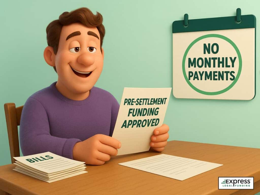 Man smiling while reading āPre-Settlement Funding Approvedā with a āNo Monthly Paymentsā calendar sign in the background.