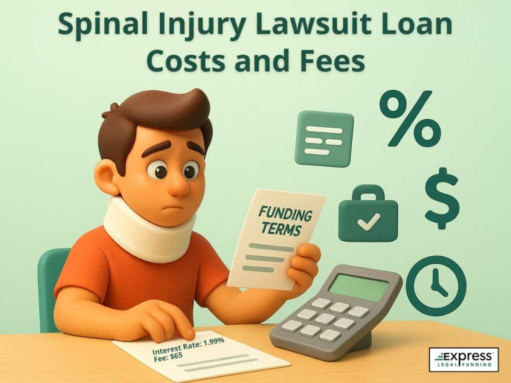 Man with neck brace examining funding terms for spinal injury lawsuit loan, with calculator and cost icons nearby.