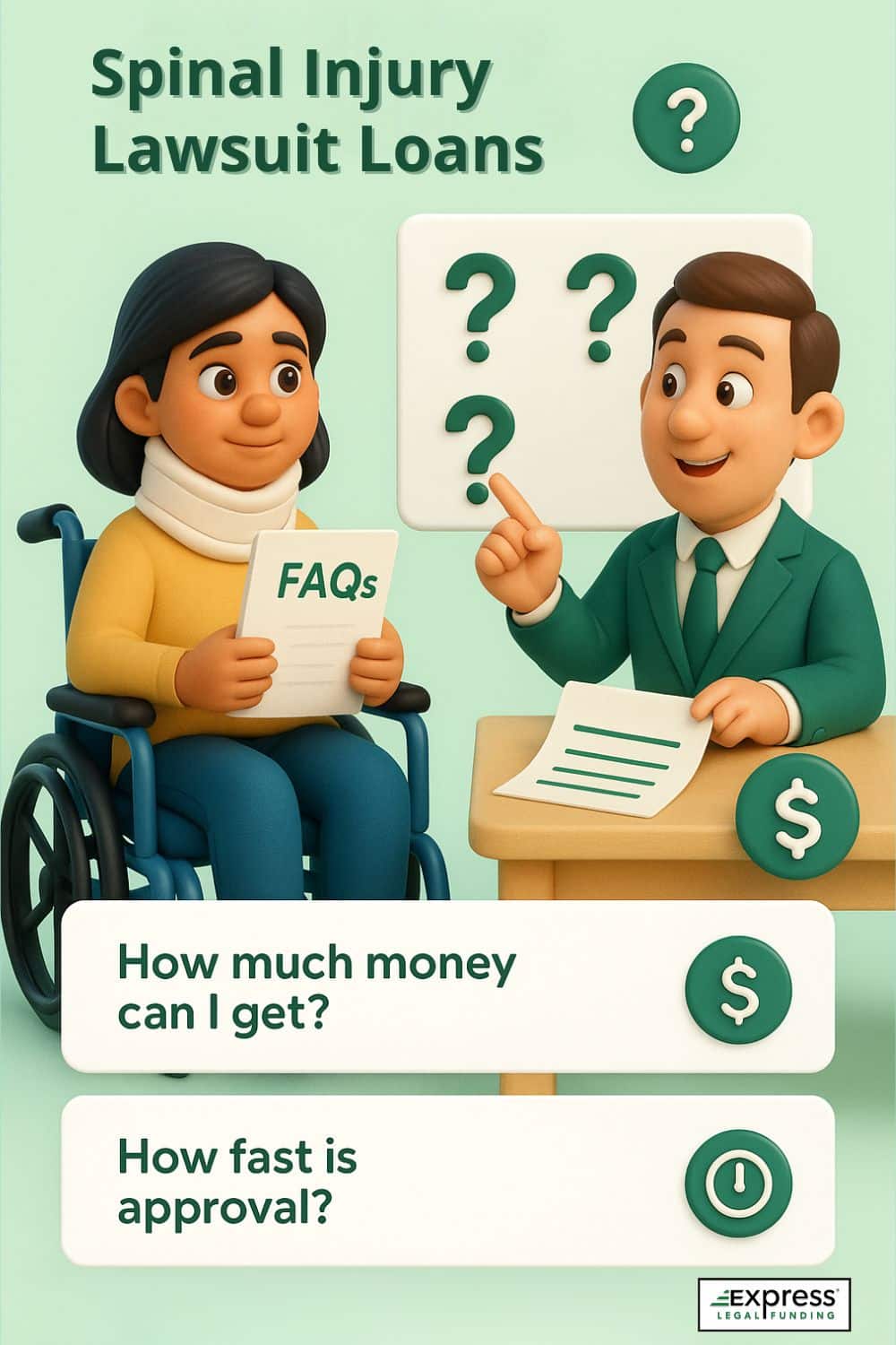 Woman in a wheelchair holding an FAQ sheet while speaking with a legal funding advisor, highlighting common questions like “How much money can I get?” and “How fast is approval?” for spinal injury lawsuit loans.