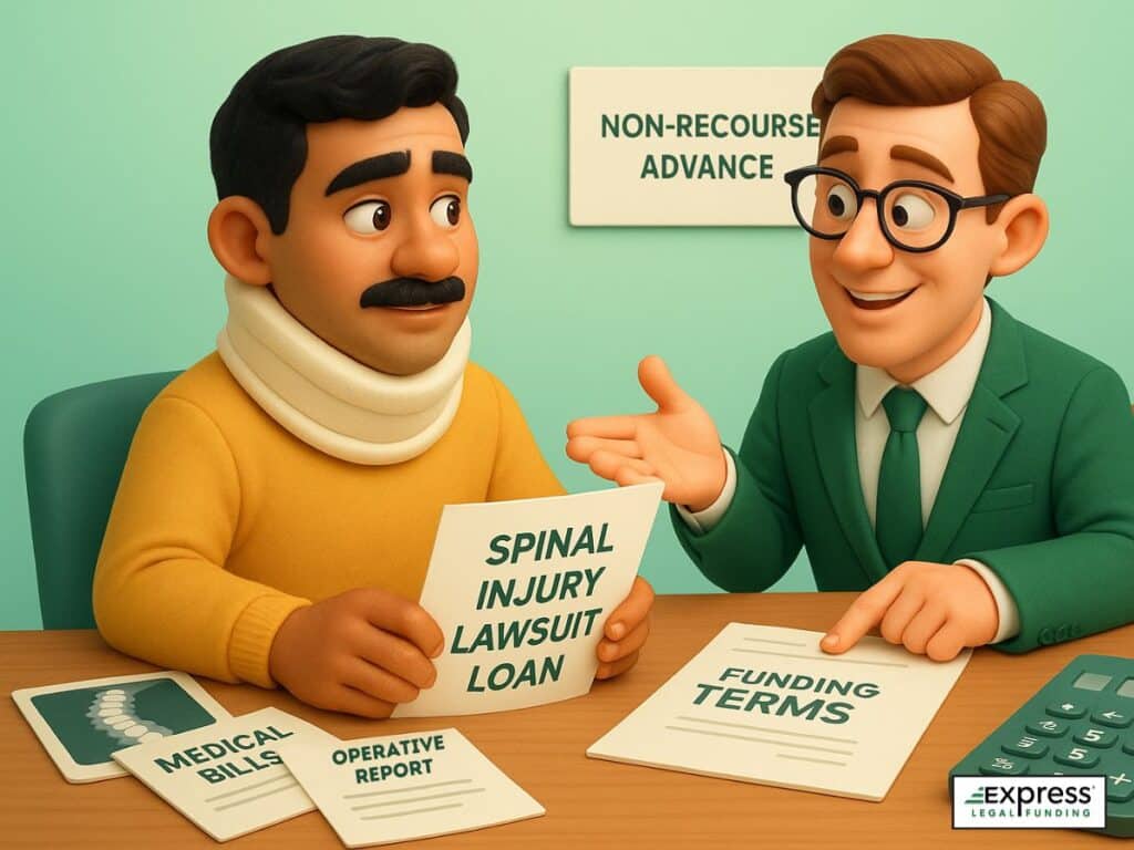 Man with a neck brace reviewing spinal injury lawsuit loan documents with a legal funding advisor, including medical bills, operative reports, and funding terms.