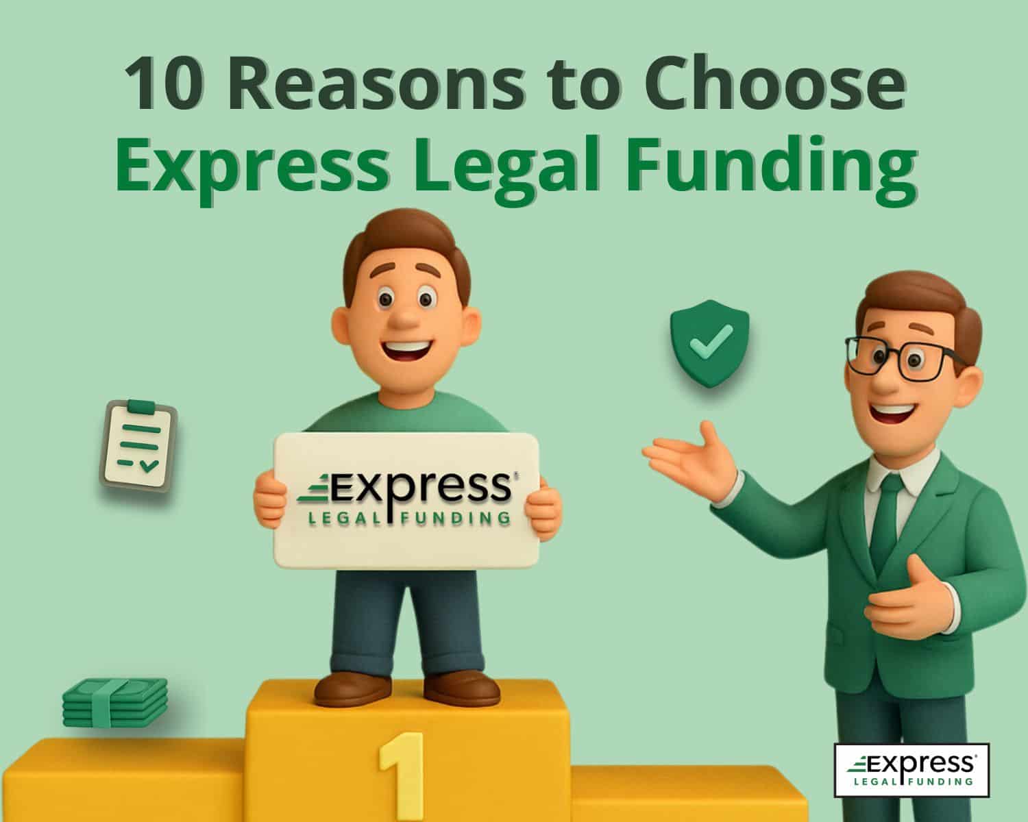 10 Reasons to Choose Express Legal Funding: smiling plaintiff on a winner’s podium holding the Express Legal Funding logo with icons for trust, transparency, and speed.