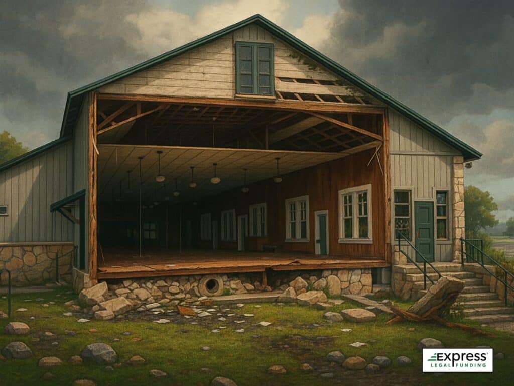 Collapsed riverside cabin surrounded by flood debris at Camp Mystic.