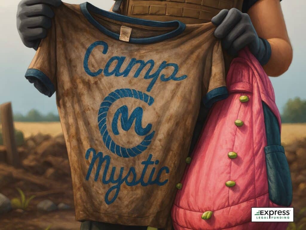 Flood rescuer holding a muddy Camp Mystic t-shirt and pink backpack after the Texas Hill Country flood.