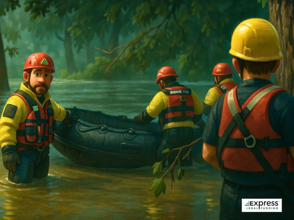 First responders in boats search floodwaters near damaged cabins at Camp Mystic.