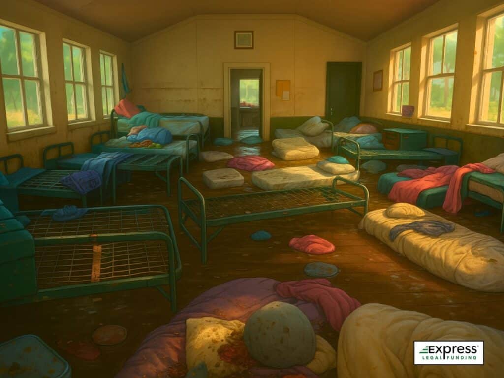 Inside view of flooded Camp Mystic cabin with soaked mattresses and scattered debris.
