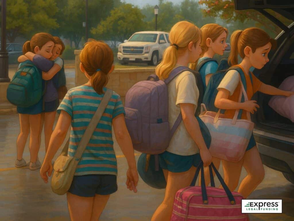 Camp Mystic girls reunite with families and pack cars after the flood evacuation.
