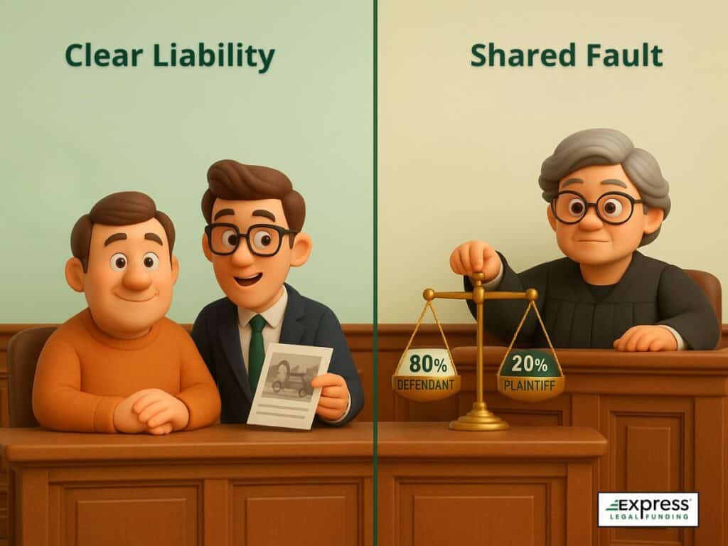 Side-by-side illustration showing clear liability versus shared fault in spinal cord injury lawsuits, with a judge assigning 80% fault to the defendant and 20% to the plaintiff.