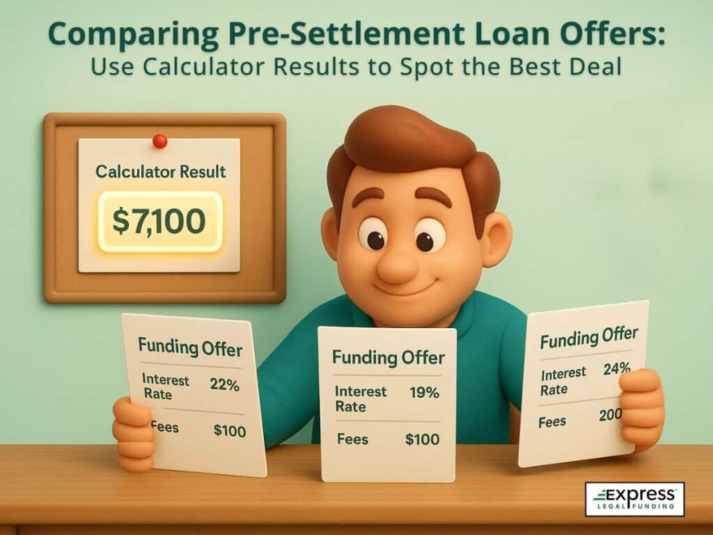 Man reviewing multiple pre-settlement funding offers and comparing calculator result.