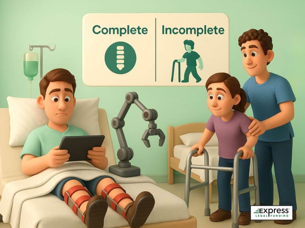 Spinal cord injury patient comparing complete and incomplete injuries, with therapy and mobility aids shown to highlight settlement differences.