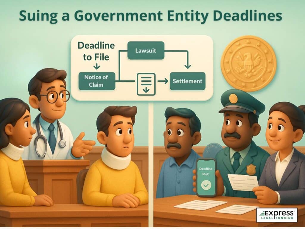 Illustration of spinal injury victim filing a government claim, showing lawsuit process and deadline chart with officials reviewing documents.