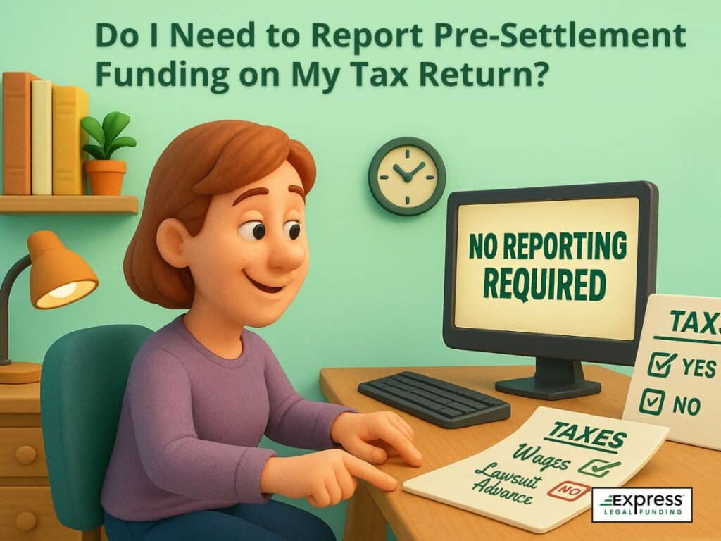 Woman sitting at a desk with a computer displaying “No Reporting Required,” showing that lawsuit advances typically don’t need to be reported on tax returns.