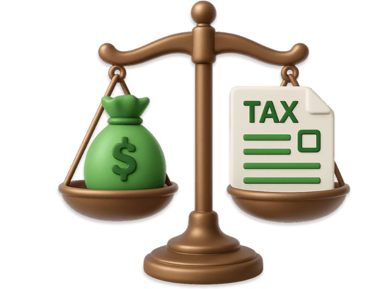 3D icon of bronze scales of justice holding a green money bag on one side and a tax form on the other, symbolizing whether you have to pay tax on pre-settlement funding.
