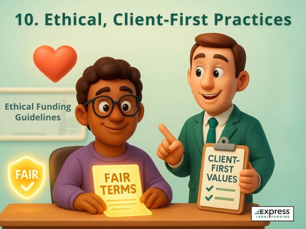 Legal funding advisor showing a clipboard labeled 'Client-First Values' to a smiling client holding a glowing paper that says 'Fair Terms', with heart and fairness icons nearby.