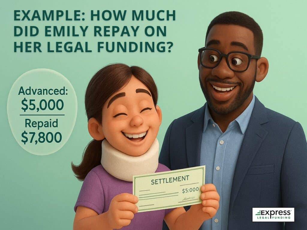 Smiling woman in a neck brace holding a settlement check, showing she received ,000 and repaid ,800 in legal funding.