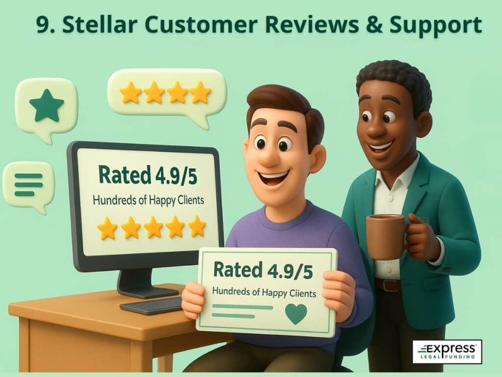 Happy plaintiff reading 5-star reviews on a screen that says 'Rated 4.9/5 – Hundreds of Happy Clients', with an advisor offering support nearby.