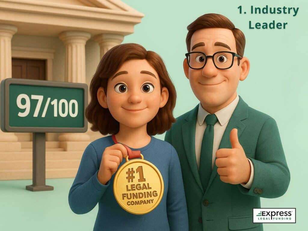 A woman holding a '#1 Legal Funding Company' gold medal in front of a courthouse displaying a 97/100 rating, standing beside an advisor giving a thumbs-up.