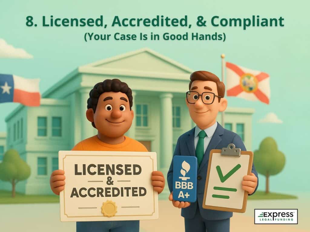 Two men standing in front of a courthouse holding 'Licensed & Accredited' and 'BBB A+' signs, with Texas and Florida flags in the background.