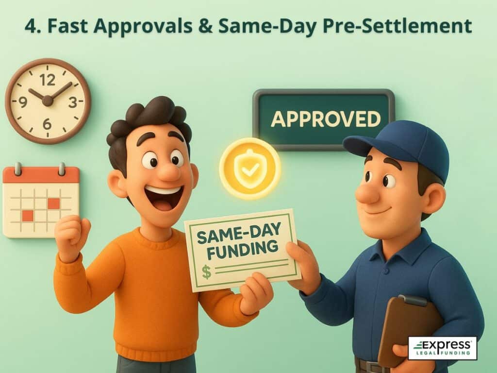 Excited plaintiff receiving a 'Same-Day Funding' card from a delivery person, with an 'Approved' sign, clock, and calendar icons in the background.