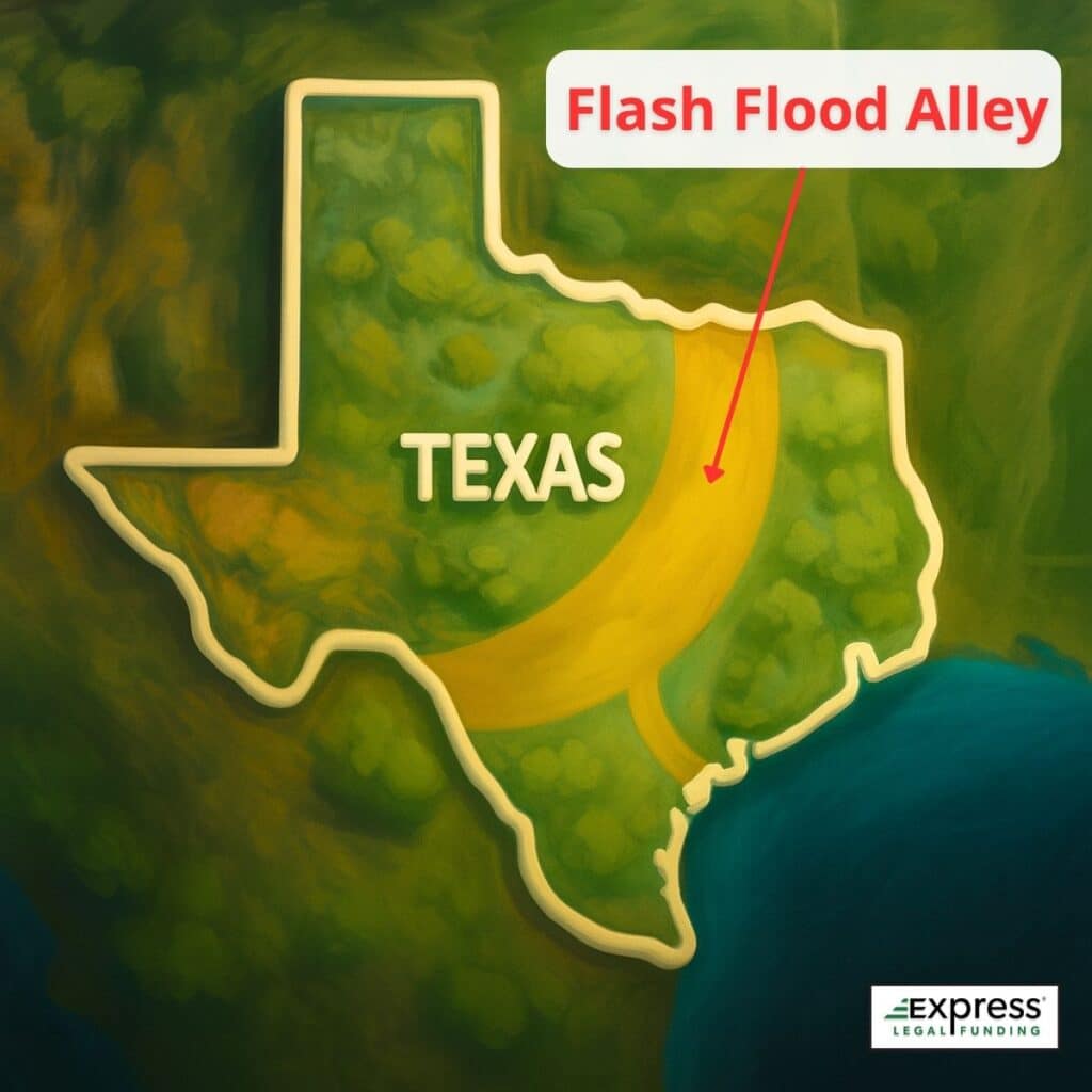 Map showing Flash Flood Alley across central Texas including the Hill Country.