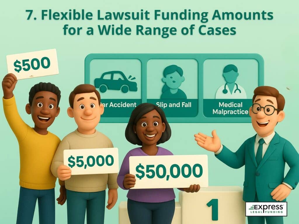Happy plaintiffs holding funding signs for 0, ,000, and ,000, with icons for car accidents, slip and falls, and medical malpractice behind them, alongside an Express Legal Funding advisor.