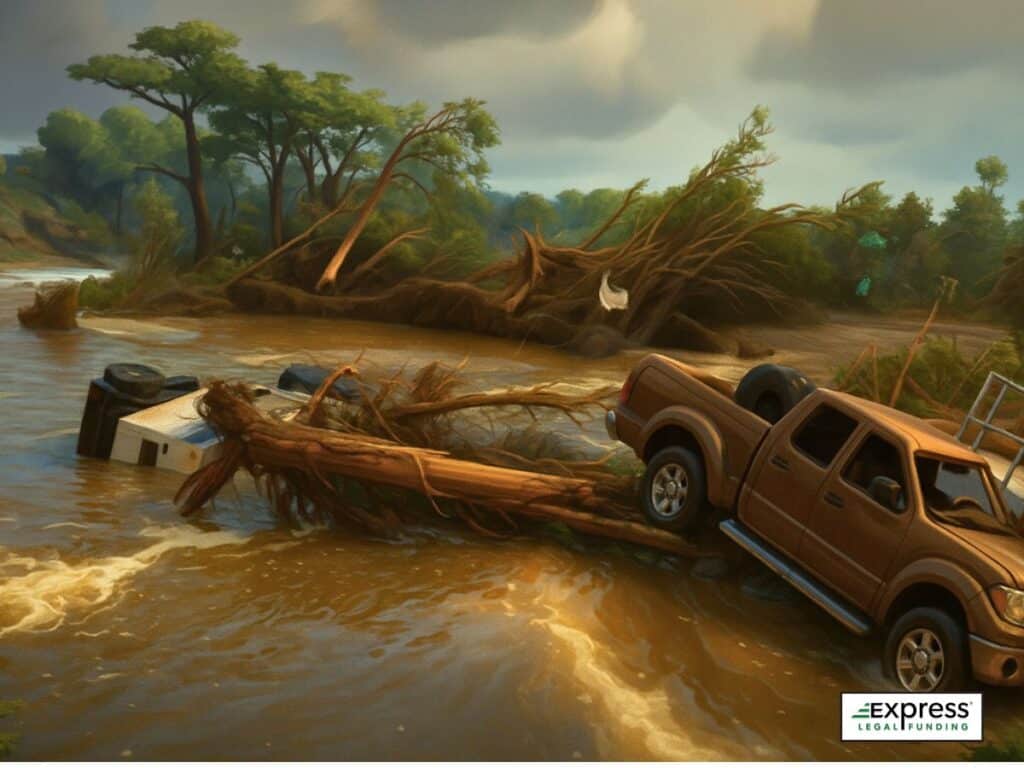 Wrecked vehicles and uprooted trees in Kerr County after severe Texas flooding.