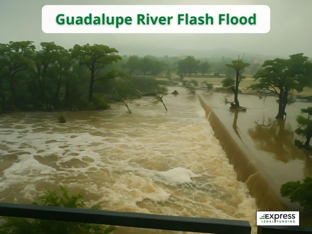 Rising Guadalupe River floodwaters seen from above during Hill Country storm.
