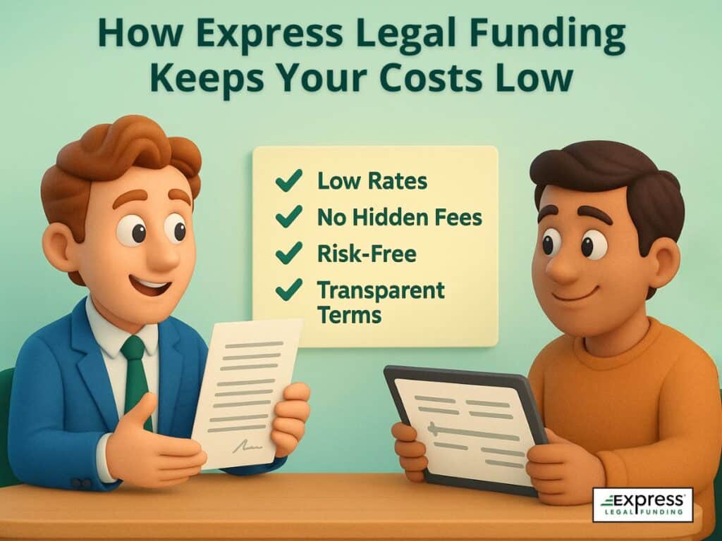 Advisor explains how Express Legal Funding has low rates, no hidden fees, and transparent terms to a happy client.